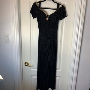 Vintage 4-U Design Team NY Paris Black Gold Chic Evening Dress Slit Glam 90s L